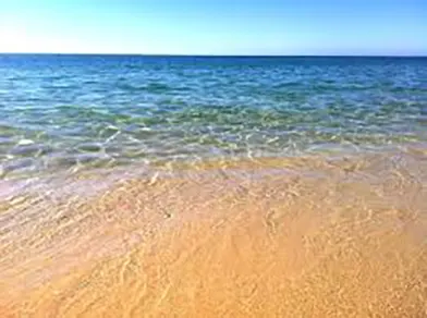Clear blue ocean water gently meeting a sandy beach under a bright, cloudless sky.
