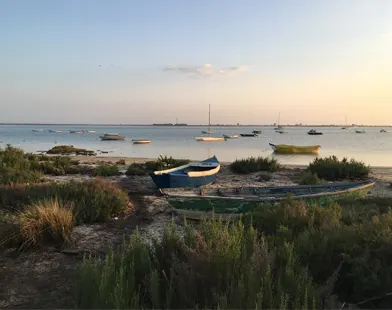 fishing boats on coastal shoreline at sunset with calm sea, sandy dunes, and soft golden sky