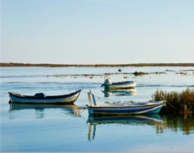small fishing boats on calm lagoon water with marshland and clear blue sky reflection